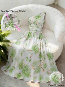 SHEIN LUNE 優雅浪漫婚禮花園茶會女款夏季套裝 白色花卉單肩不對稱剪裁牡丹印花長版雪紡及踝洋裝 - 綠色 - 查看 3
