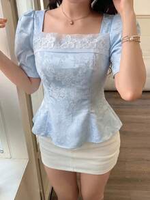 Feyla Women's Sweet Elegant Exquisite Embroidered Ruffle Hem Shirt - Baby Blue - View 3