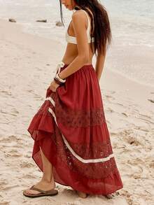 Bohemela Women's Brown And Cream Boho Summer Vacation Holiday Casual Woven Skirt,Contrast Lace Patchwork Splicing Details,Vintage-Inspired Everyday Beach - Burgundy - View 1