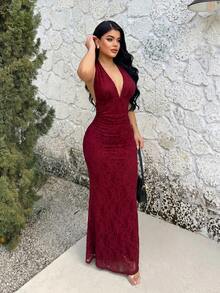 SHEIN SXY 酒紅色掛脖性感蕾絲魚尾裙 - 酒紅色 - 查看 6