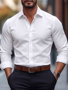 Calvornis Camisa casual de manga larga de lino texturizado de unicolor para hombre, formal - Blanco - Ver 2