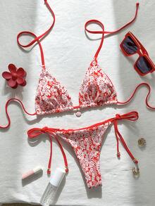 Swim Mod Women's Summer Jacquard Fabric Halter Neck Metal Decor Sexy Bikini Set - Red and White - View 3
