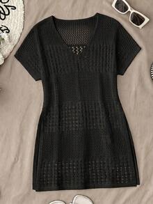 SHEIN Leap Crew Teen Girls Summer Beach Hollow Out Split Hem Cover Up Dress Without Bikini Set - Black - View 1