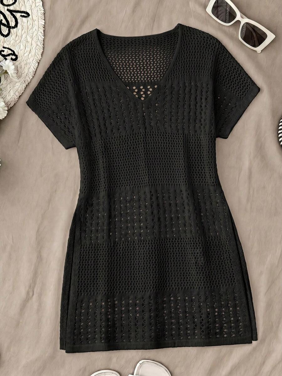 SHEIN Leap Crew Teen Girls Summer Beach Hollow Out Split Hem Cover Up Dress Without Bikini Set - Black - View 1