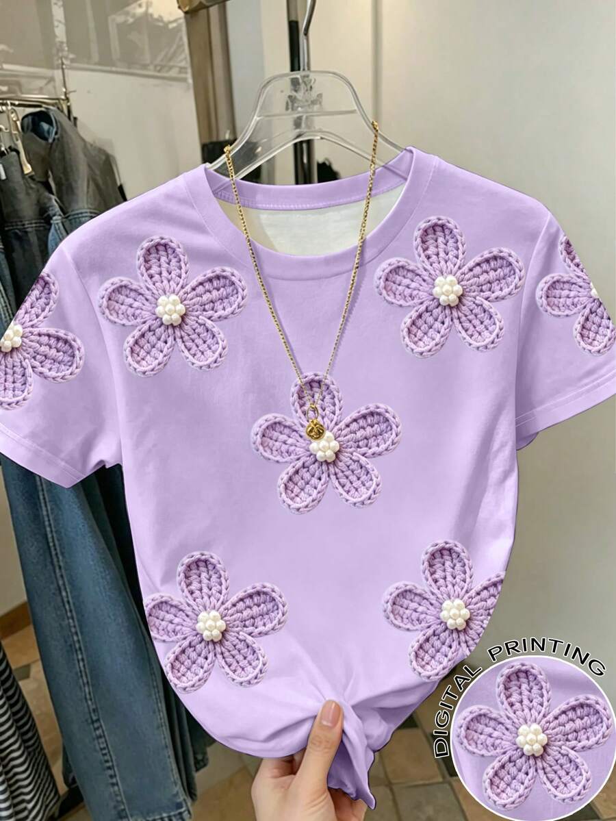SHEIN 1件青少年女孩柔軟韓系鉤編紫色花卉印花短袖T恤,休閒百搭上衣,適合夏季日常穿著與通勤 - 彩色 - 查看 1