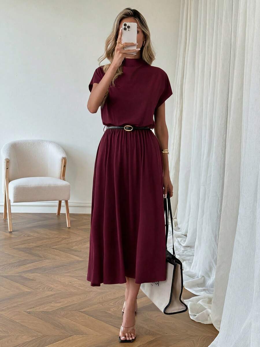 SHEIN LUNE Lässiges Damenkleid mit Stehkragen und niedriger Taille - Bordeaux - Übersicht 1
