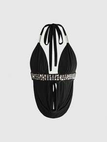 ACID BLVD Spring/Summer Y2K Retro Hot Girl Party Outfit: Spliced Rivet-Decorated Deep V Halter Top With Draped Waist Cutouts - Black - View 4