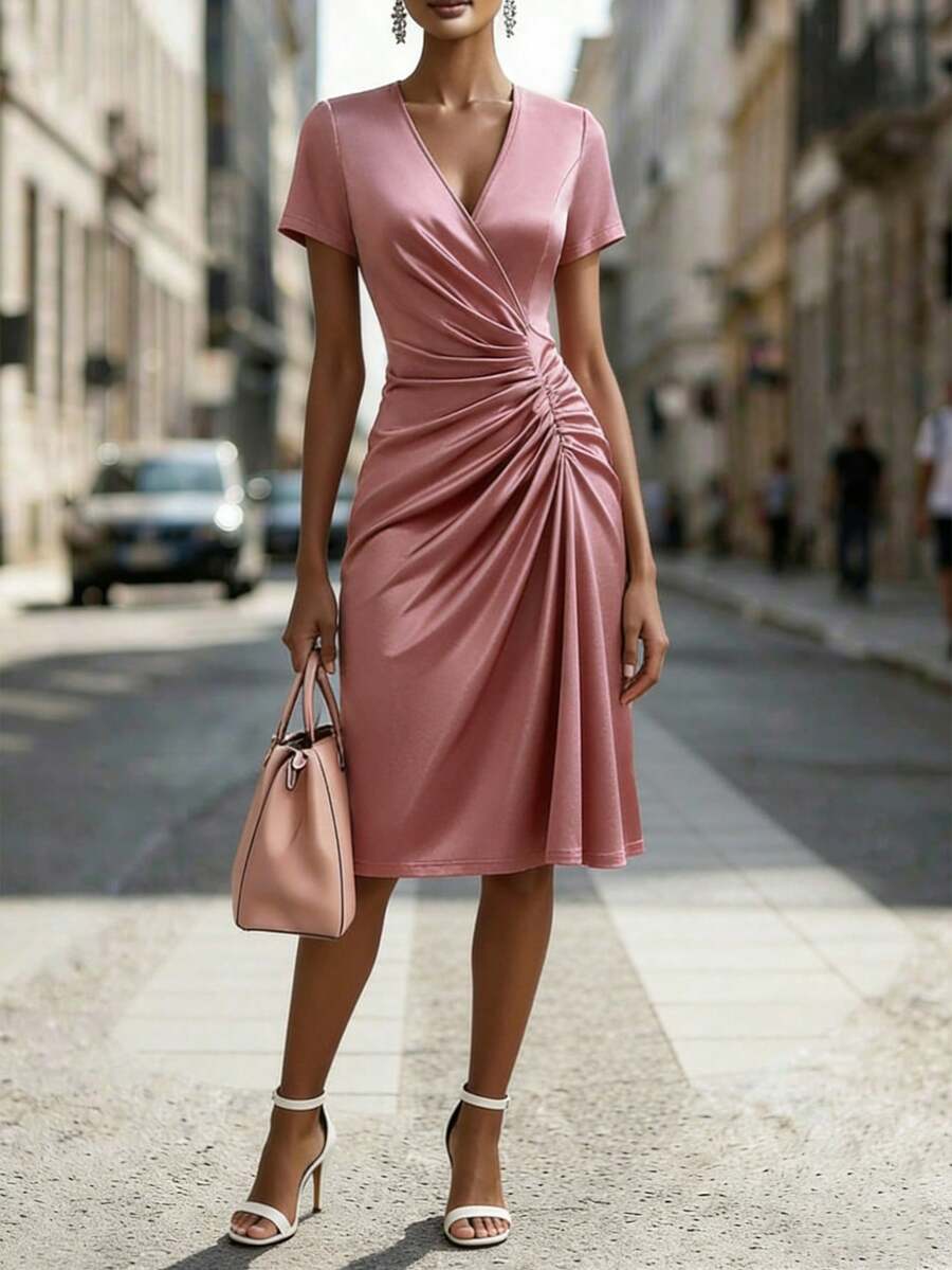 EMERY ROSE Đầm nữ cổ chữ V tay ngắn, xếp ly eo, kiểu dáng thanh lịch, thích hợp mặc hàng ngày, đi nghỉ mát, dạo chơi, dự tiệc, mùa xuân/hè. - Bụi hồng - Xem 1