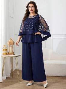 Modelyn Plus Size Women's Dark Blue 3D Floral Decor Mesh Patchwork Round Neck Top And Solid Color Wide Leg Pants 2pcs Set, Party Wedding, Formal, Evening Gown - Navy Blue - View 3
