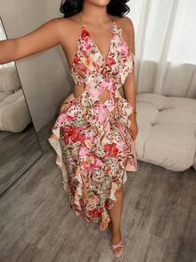 SHEIN SXY 荷葉邊露背掛脖彩色花卉印花側開衩裙 - 彩色 - 查看 3
