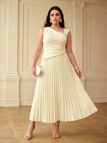 ZEYLAH Plus Size Women's Cinched Waist Gathered Bead Chain Decor Ruched Long Dress Spring Summer - Apricot - View 7