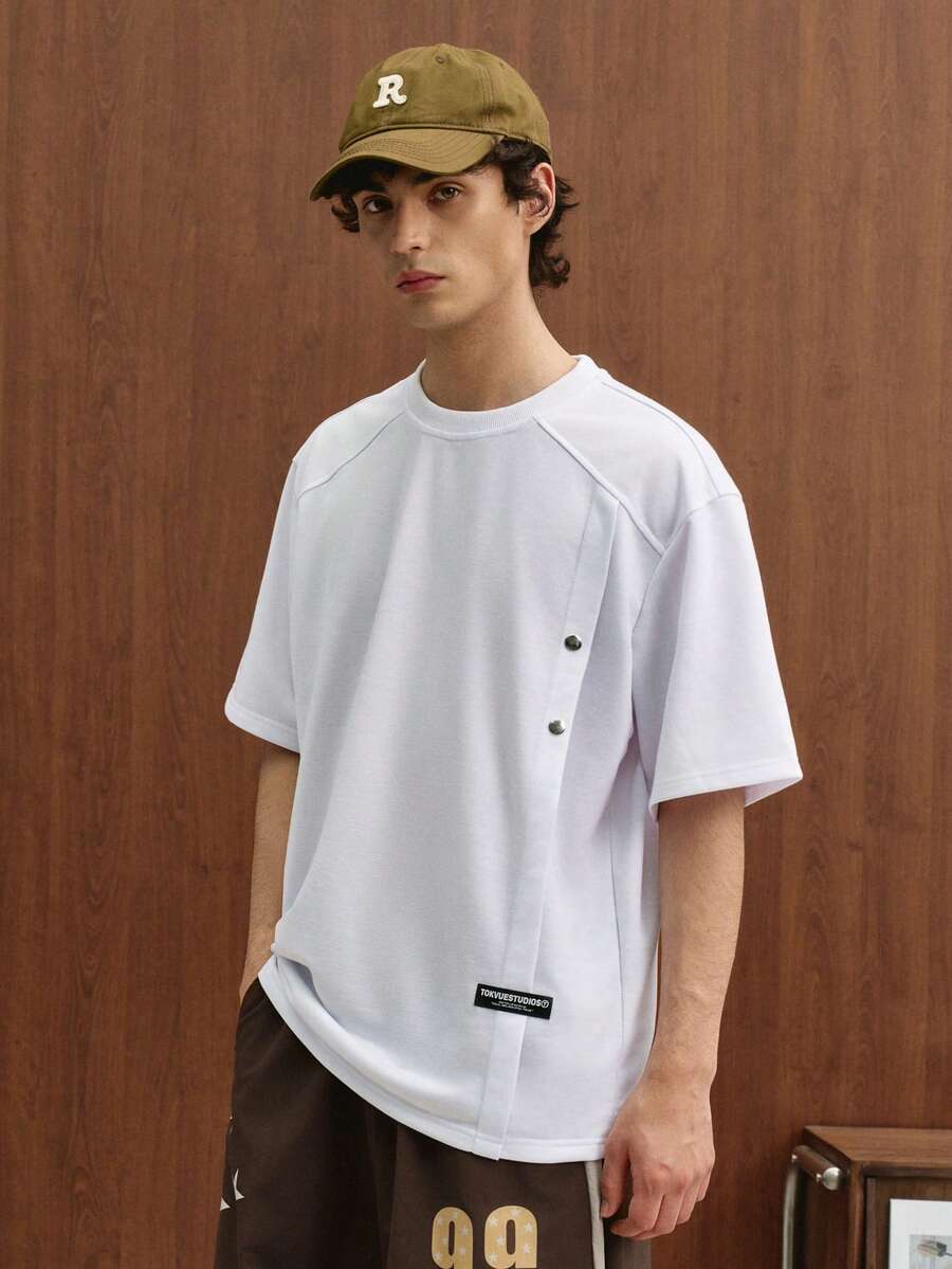 TOKVUE 男士極簡解構拼接短袖T恤,極簡奢華休閒風,小眾解構設計,韓系極簡,輕工裝風,成熟風格,日常通勤,休閒出遊,輕商務,中性情侶款,節日禮物 - 白色 - 查看 1