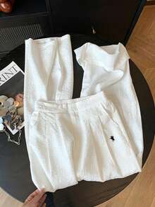 Resyla Pony Embroidery White Linen Pants Slouchy High Waist Slimming Straight Leg Vacation Autumn Casual - White - View 1