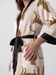 Rafferiza Leopard Print Mid-Length Sleeve Robe, Casual Daily Wear Luxe Loungewear, Fall, Winter - Multicolor - View 9