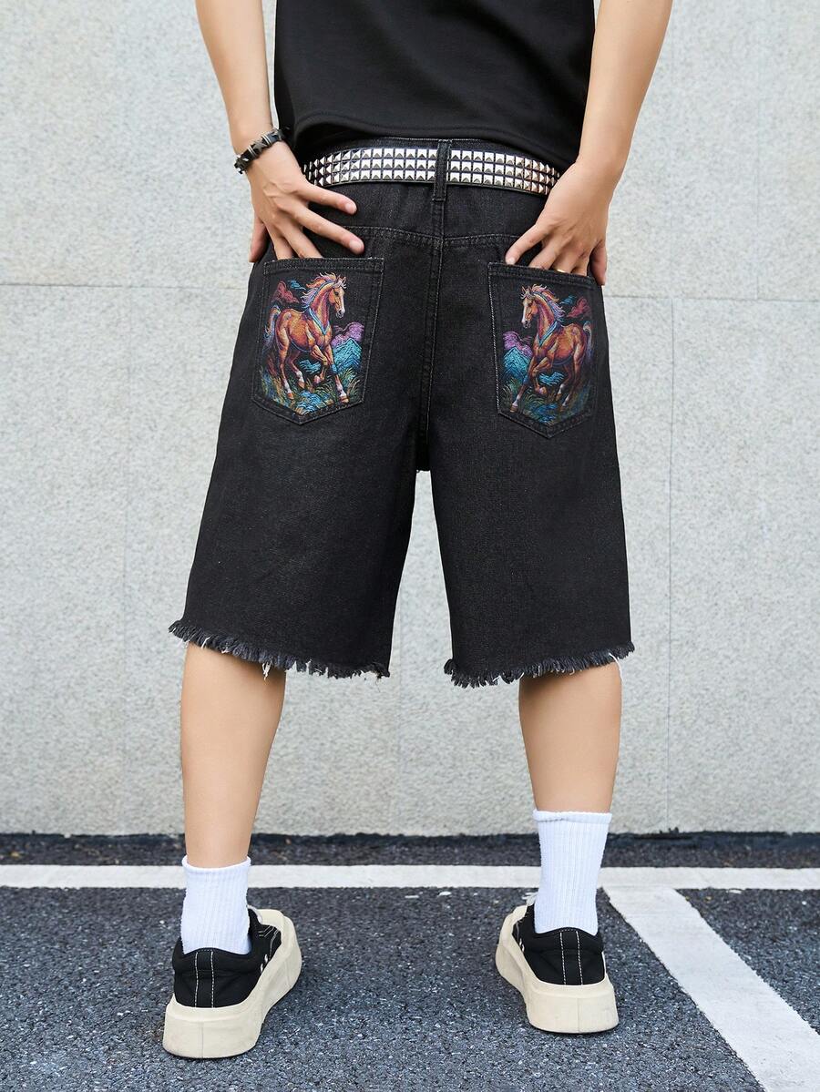 GENIUS ODE Men's Horse Pattern Casual Versatile Daily Travel Denim Shorts, Holiday - Grey - View 1