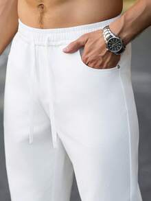 Manfinity Homme Men's Pants, Mature Casual Loose Rivet Button Wide-Leg Trousers - White - View 4