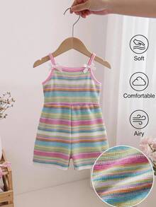 SHEIN Playful Pals 夏季彩虹可爱女童针织吊带背心短裤套装，甜美3D立体花卉装饰，清新海滩度假风，可爱童装 - 彩色 - 查看 10