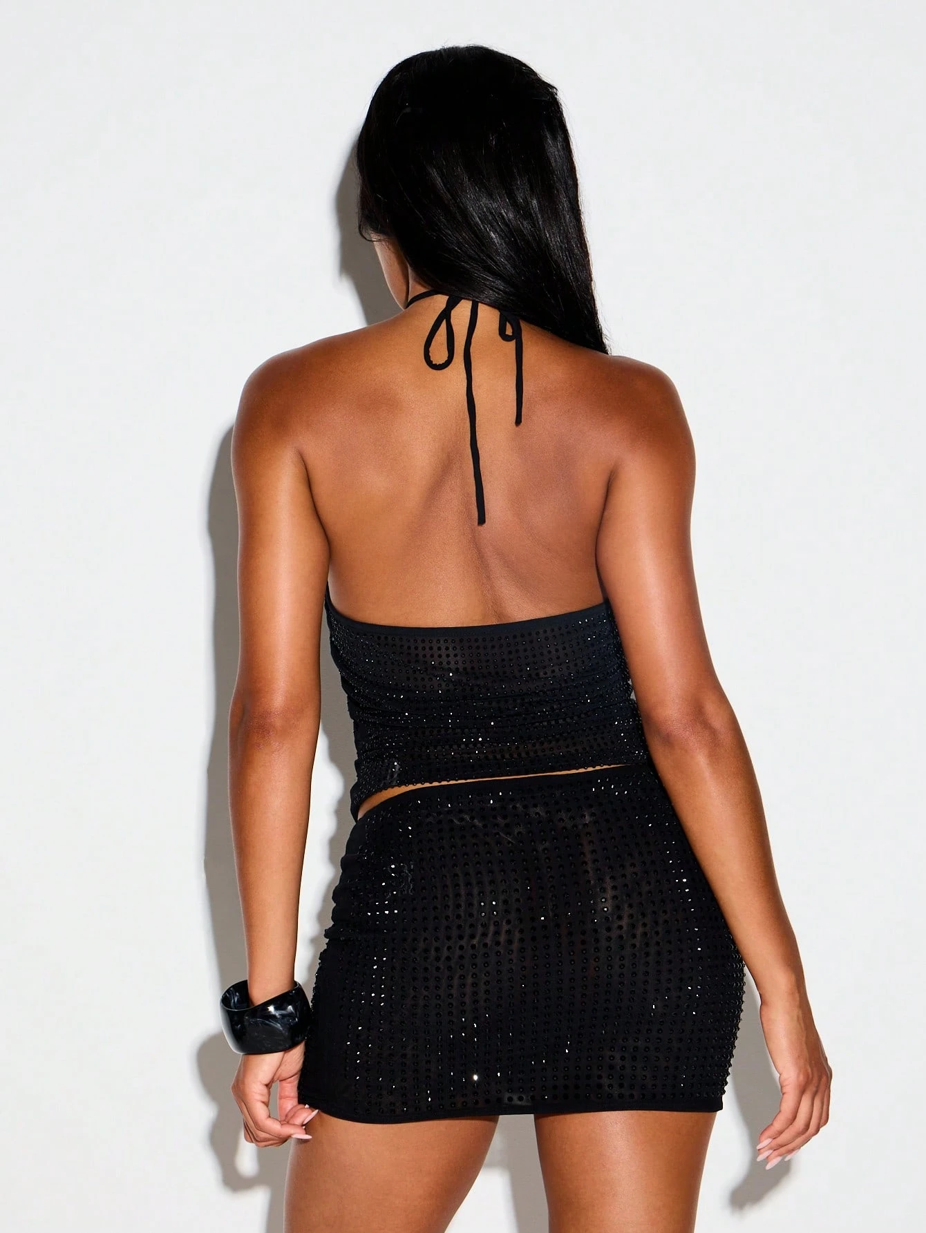 Mesh Hotfix Halterneck Crop Top With Open Back