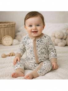 Loomiva Baby Boy Cartoon Pattern Knitted Soft Round Neck Long Pants Versatile Comfortable Fitted Loungewear Long Sleeve One-Piece Pajamas - White - View 1