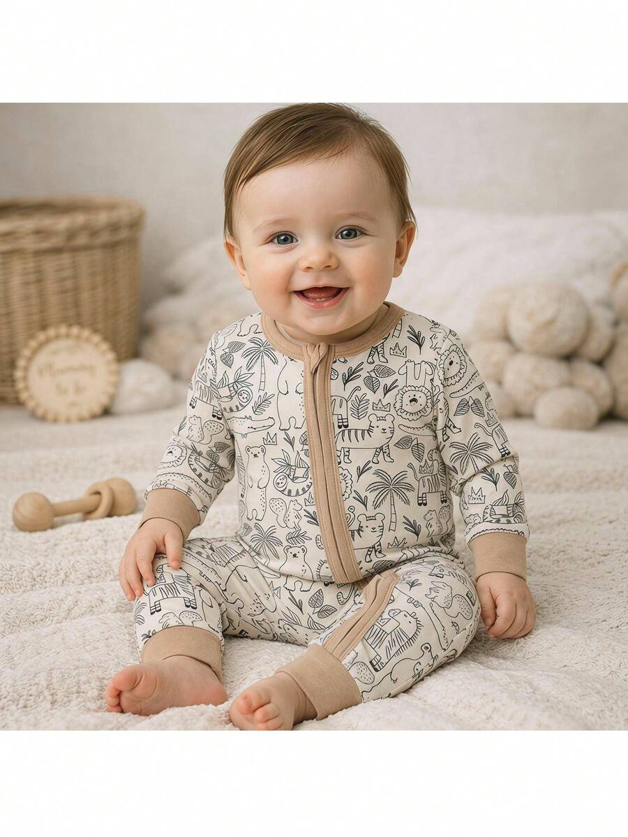 Loomiva Baby Boy Cartoon Pattern Knitted Soft Round Neck Long Pants Versatile Comfortable Fitted Loungewear Long Sleeve One-Piece Pajamas - White - View 1