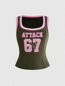 ACID BLVD Spring/Summer Y2K Hot Girl Street Sports Festival Digital Print Rhinestone Decor Slim Fit Jersey Style Colorblock Tank Top - Multicolor - View 2