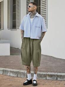 Devon Thys Manfinity LEGND 男士黑色短裤，复古工装短裤，宽松休闲夏季短裤 - 軍綠色 - 查看 5