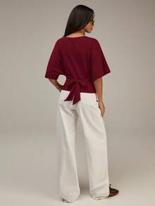 Athîral Women's Solid Color Short Sleeve Back Knot Casual Top - Burgundy - View 4