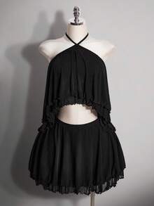 SHEIN ICON Women's Plus Size Summer Retro Sexy Millennial Style Y2K Fashion Casual Modern Urban Bold Avant-Garde Ball Party Black Ruffle Hollow Neck Mesh Dress - Black - View 3