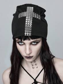 ROMWE Goth 1pc Punk Style Lightweight Rivet Decorated Beanie, High-Quality Y2K Vintage Solid Black Warm Fold-Over Hat, Fashionable Daily All-Season Wear - Black - View 1