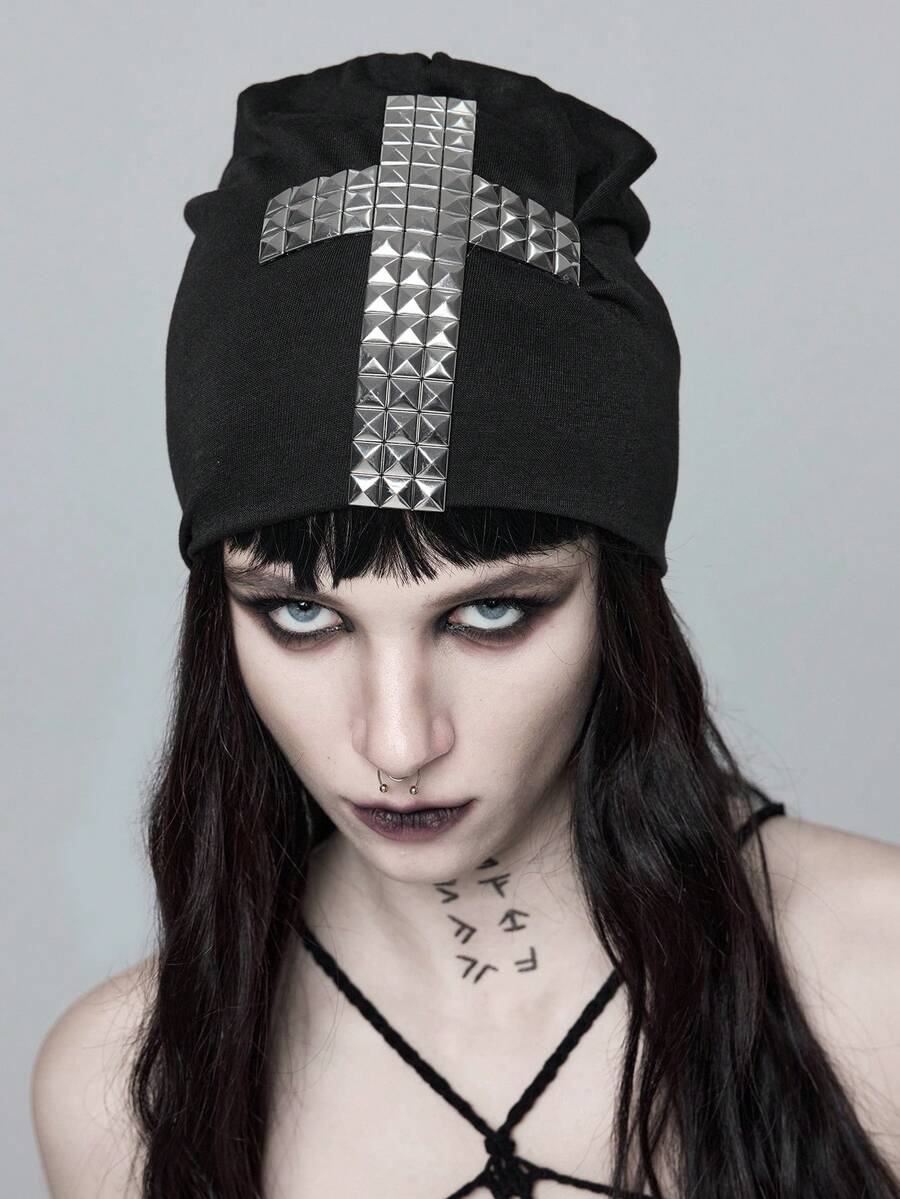 ROMWE Goth 1pc Punk Style Lightweight Rivet Decorated Beanie, High-Quality Y2K Vintage Solid Black Warm Fold-Over Hat, Fashionable Daily All-Season Wear - Black - View 1