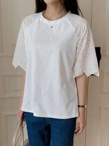 DAZY Women's Solid Color Lace Patchwork Short Sleeve T-Shirt, Casual And Fashionable For Daily Wear - White - View 4