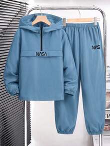 SHEIN Conjunto de 2 piezas de chaqueta con capucha y media cremallera y pantalones jogger para adolescente, adecuado para otoño/invierno, estilo deportivo casual, ideal para ir al trabajo, la escuela, uso diario, vacaciones, viajes, deportes, todas las estaciones, forro polar, engrosado - Azul - Ver 2