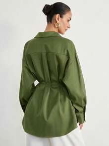 Aveloria Modichic Autumn/Winter New Women's Striped Safari Style Draped Loose Commuter Casual Long Sleeve Turn-Down Collar Stand Collar Belted Mid-Length Shirt - Green - View 6