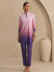 Swim Shayni 26SS Spring/Summer Vacation Exquisite Elegant Modest Conservative Pink Torquoise Elegant Swimsuit Burkini 2 Pieces Set Beach - Multicolor - View 5