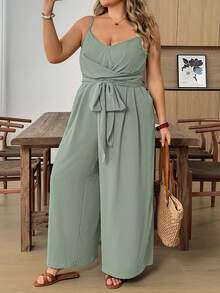 SHEIN CURVE+ Plus Size Casual Vacation Cross Strap Ruched Strapless Loose Jumpsuit - Green - View 3