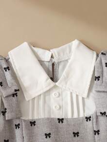 SHEIN Young Girls' 2 In 1 Dress With Bowknot Print, White Puff Short Sleeves, Cinched Waist, A-Line Bowknot Design, Patchwork Detail, Suitable For Parties, Outings And School Wear - Grey - View 8