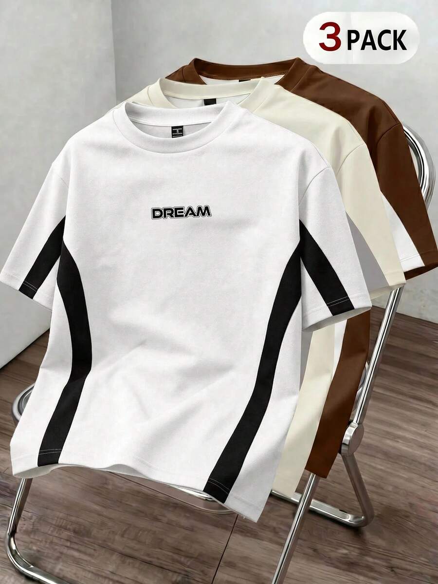 Manfinity Joysei Men's Color Block Patchwork Letter Print T-Shirt 3pcs/Set - Multicolor - View 1