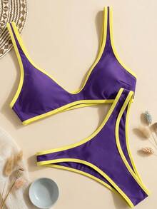 Swim Vcay Pure White Trim Split Bikini Set, Black Body With White Trim Design, High-Cut Triangle Bottoms, Contrast Color Design - Multicolor - View 6