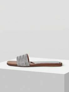 MOTF SANDALIA PLANA DE DAMA COLOR CHAMPAGNE CASUAL MODA PARA DESPLAZAMIENTO Y VACACIONES TEJIDA CON PUNTA ABIERTA ZAPATOS DE VERANO - Plateado - Ver 7