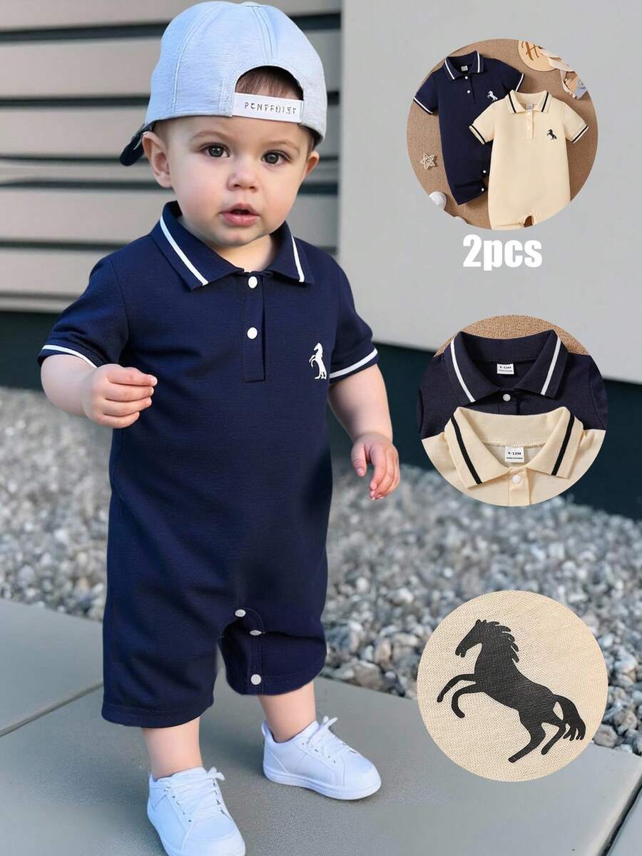 SHEIN 两件套男童休闲半开领POLO衫（马匹图案）及短裤套装，舒适连体短裤，适合派对、日常穿着、运动、夏季等场合。