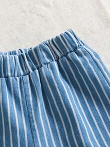 SHEIN Casuvi Kids 2件/套 男童春夏季簡約時尚杏色針織面料英文字壓花圓領短袖上衣搭配彈性腰真牛仔短褲套裝，簡約百搭，適合男孩春夏季出遊、戶外活動、度假等 - 白色 - 查看 6