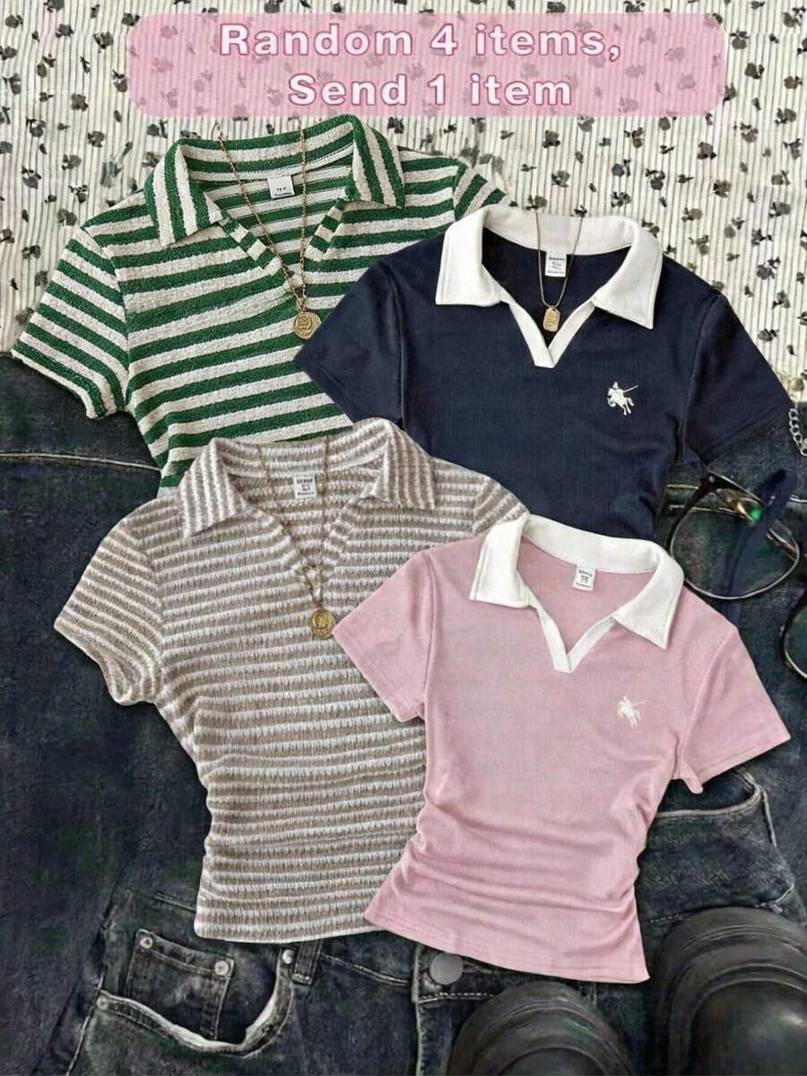 青少年女孩V領短袖T恤,夏季修身短版 Polo 衫,休閒貼身款,隨機 4 款,發送 1 件 - 彩色 - 查看 1