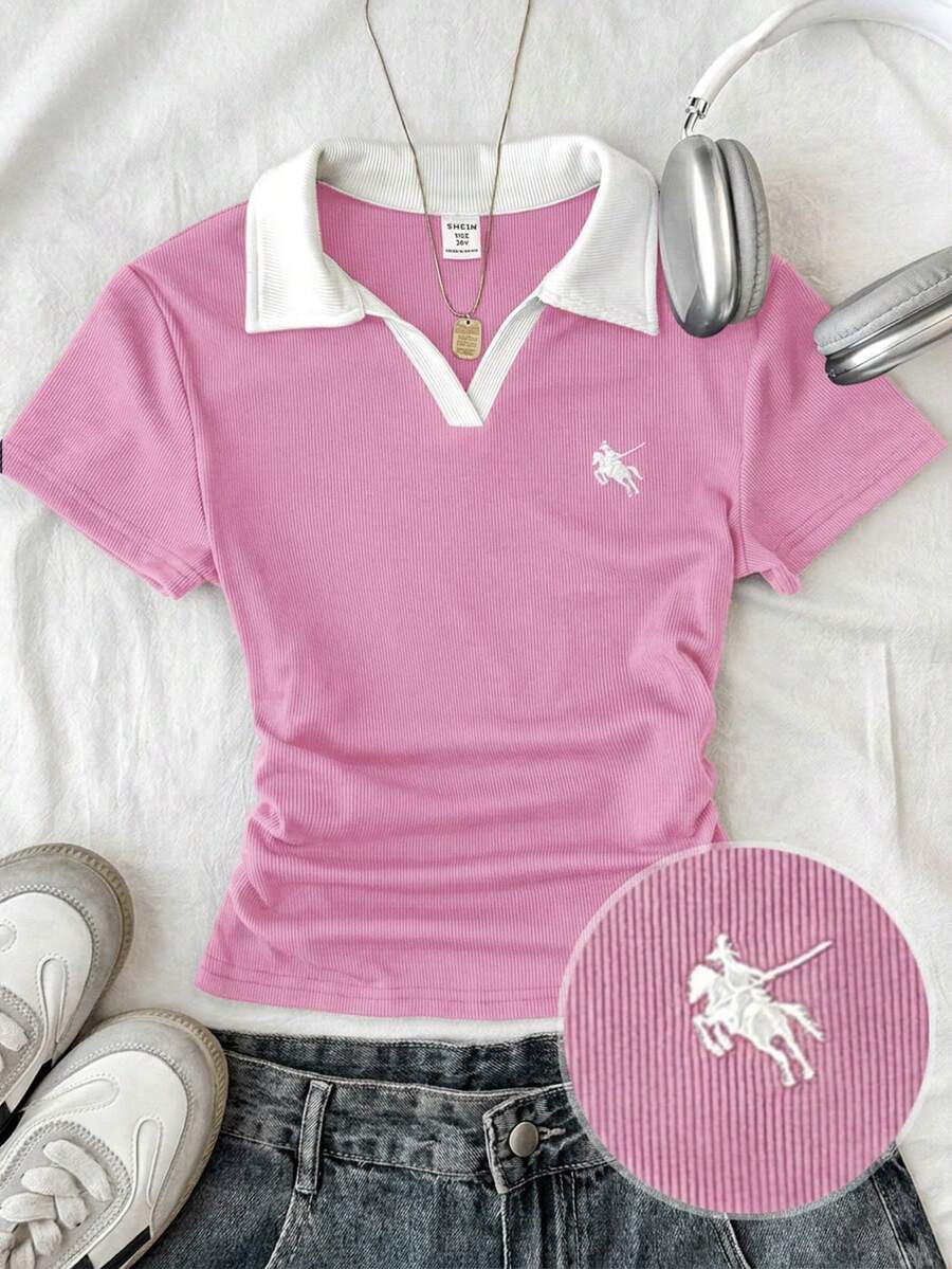 SHEIN Tween Girl Tween Girls Rose Red And White Collar Knit Casual Colorblock Patchwork Fitted Waist T-Shirt Top With Small Logo Embroidery - Hot Pink - View 1