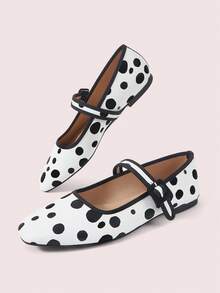 CUCCOO DOLLMOD Women's Shoes Vintage White Polka Dot Square Mary Jane Ballet Flats With Adjustable Buckle Straps For Work, Office, Leisure And Daily Wear - Black and White - View 2