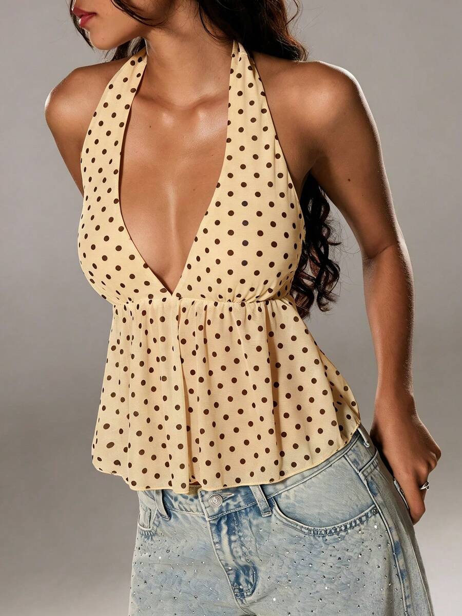 TRNVIE Top de tirantes elegante con cuello halter y escote en V con lunares para mujer, primavera/verano - Amarillo - Ver 1