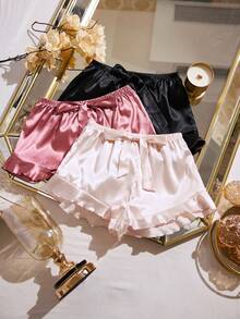 LuxeNights 3pcs/Set Satin Bow Tie Ruffle Hem Women's Loungewear Bottoms - Multicolor - View 6