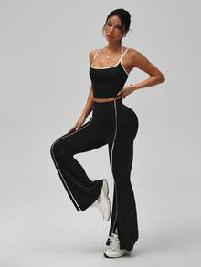 SHEIN Sports Women's Contrast Color Fitted Tank Top And Striped Flared Leg Split Hem Pants Sports Suit - Black - View 4