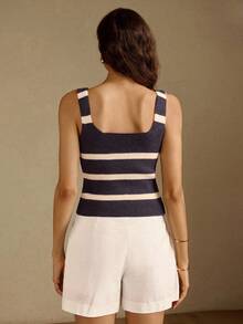 Briarwyn Women's Navy And White Square Neck Casual French Coastal Knit Tank Top Vacation Summer Brunch - Royal Blue - View 4