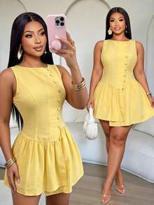 SOLERSUN Plus Size Women's 2026 Girlcore Yellow Textured Mini Dress, Sleeveless Asymmetrical Side Button Placket, Ruffled Hem, Invisible Back Zipper Sunkissed - Yellow - View 1