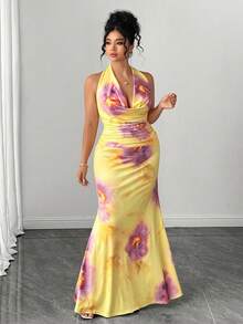 Elenzga Conjunto de 2 piezas de top con estampado floral de cuello de corbata elegante y falda maxi ajustada para mujer de talla grande - Amarillo - Ver 3